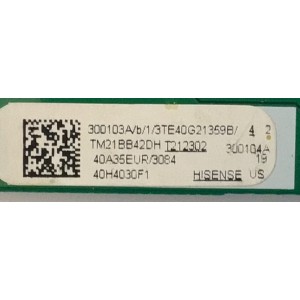 MAIN FUENTE (COMBO) PARA TV HISENSE·ROKU TV / NUMERO DE PARTE 300103 / 300104 / RSAG7.820.11682/ROH / 40A35EUR / 300103A / 300104A / PANEL TPT400WF-J9PE1.N REV:SC4Q / DISPLAY V400HJ9-PE1 / MODELO 40H4030F1